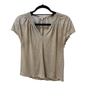 Chico’s Women’s 100% Linen Smocked Short Sleeve Top Size 0 (Small) Beige Tan